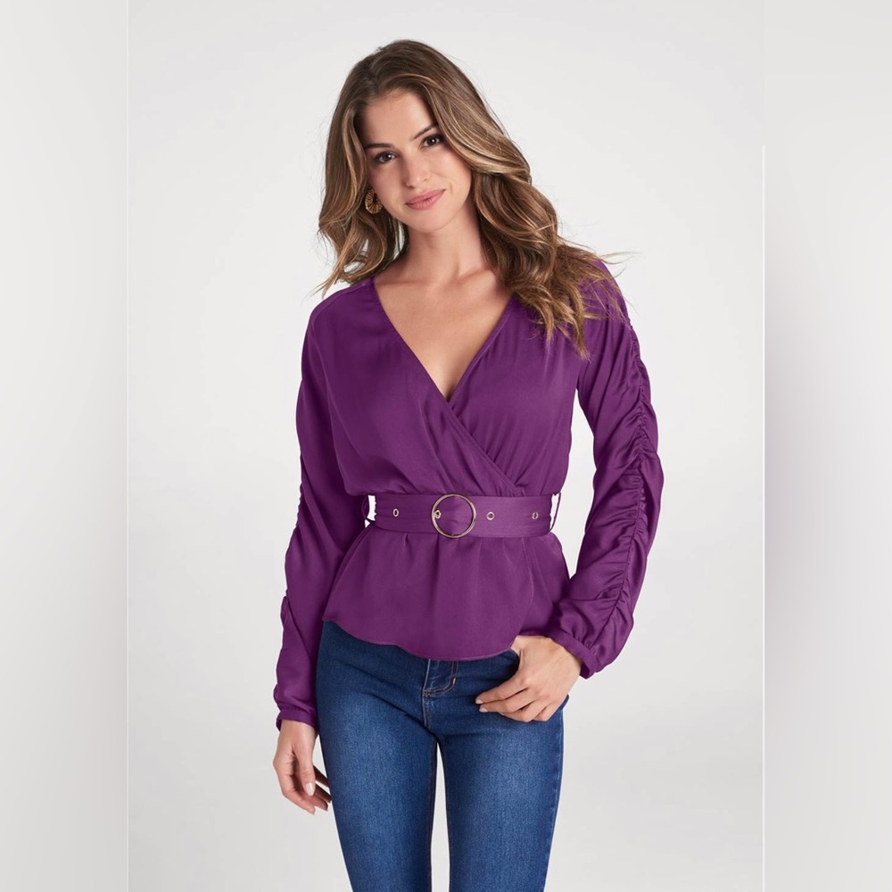 Venus Deep V-Neck Belted Blouse In Violet